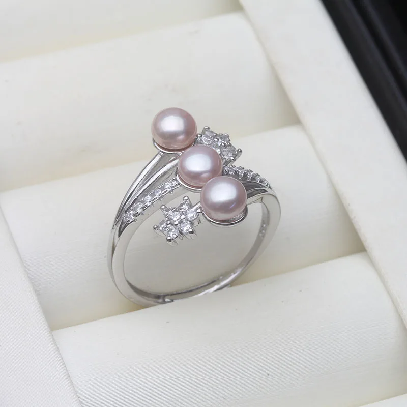 Real 925 Silver Pearl Rings Woman,Luxury White Natural Freshwater Adjustable Pearl Ring Wife Mother Birthday Gift Pink