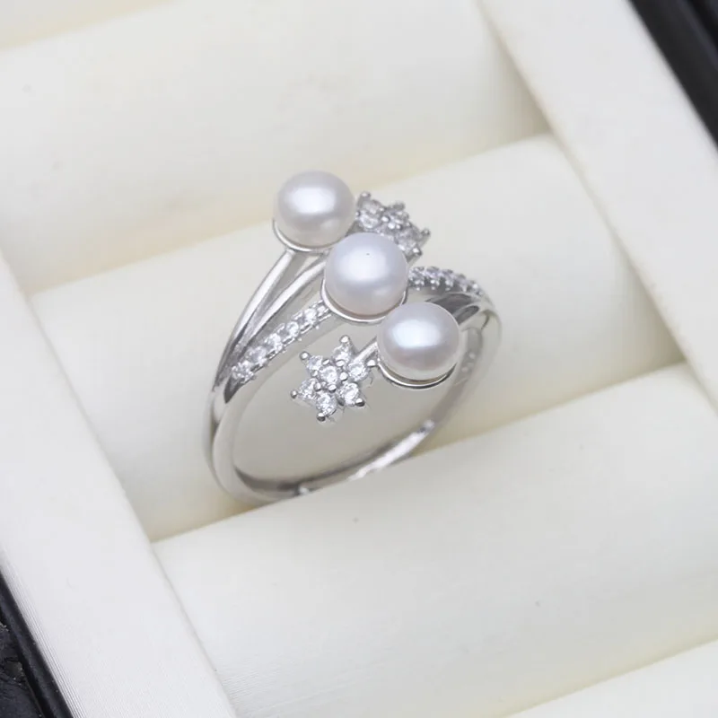 Real 925 Silver Pearl Rings Woman,Luxury White Natural Freshwater Adjustable Pearl Ring Wife Mother Birthday Gift Pink