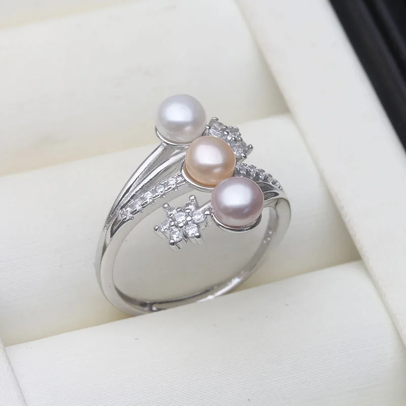 Real 925 Silver Pearl Rings Woman,Luxury White Natural Freshwater Adjustable Pearl Ring Wife Mother Birthday Gift Pink