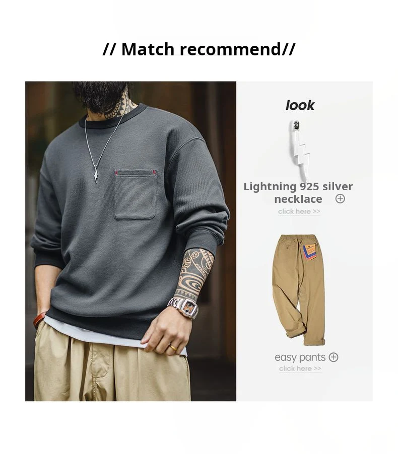 Maden Casual Waffle Knit Pocket Hoodie Men's Spring Loose Fit Long Sleeve Pullover Round Neck Sweatshirt Comfortable T-Shirt