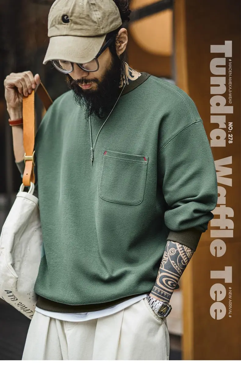 Maden Casual Waffle Knit Pocket Hoodie Men's Spring Loose Fit Long Sleeve Pullover Round Neck Sweatshirt Comfortable T-Shirt