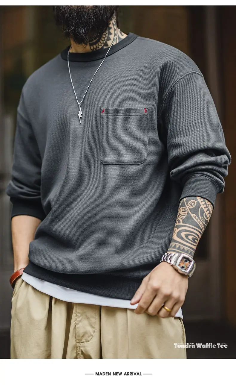 Maden Casual Waffle Knit Pocket Hoodie Men's Spring Loose Fit Long Sleeve Pullover Round Neck Sweatshirt Comfortable T-Shirt