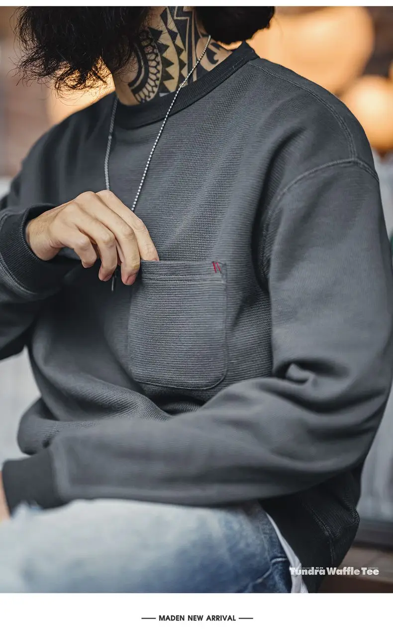 Maden Casual Waffle Knit Pocket Hoodie Men's Spring Loose Fit Long Sleeve Pullover Round Neck Sweatshirt Comfortable T-Shirt