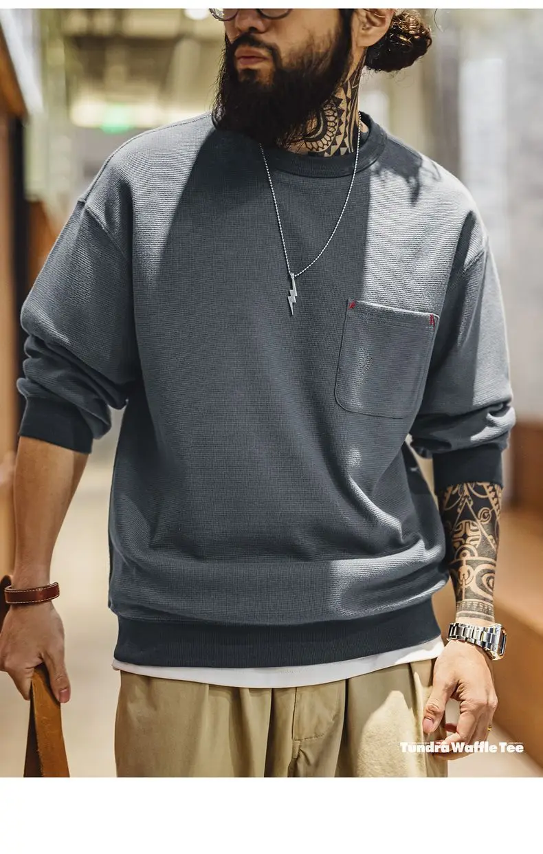Maden Casual Waffle Knit Pocket Hoodie Men's Spring Loose Fit Long Sleeve Pullover Round Neck Sweatshirt Comfortable T-Shirt
