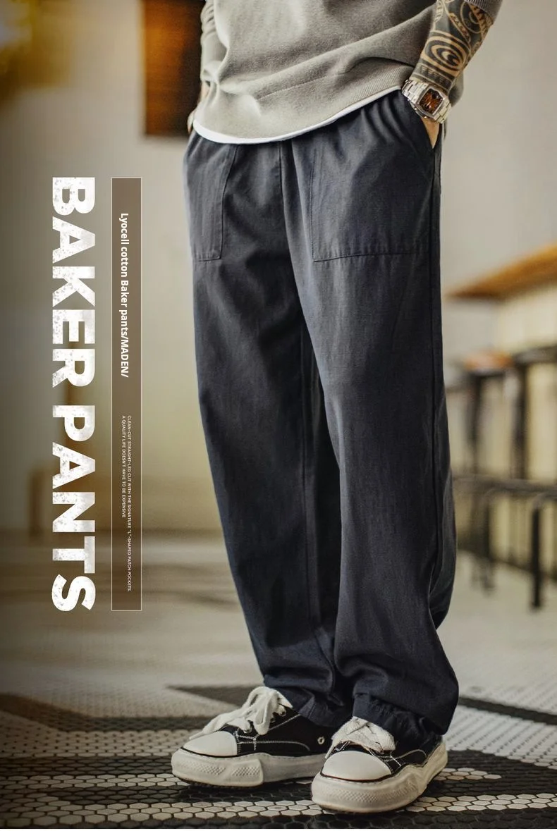 Maden Vintage Men‘s Casual Pants Straight-Leg Loose Fit Beck Pants Fringed Elastic Waist Chill Trousers for Autumn Commuting