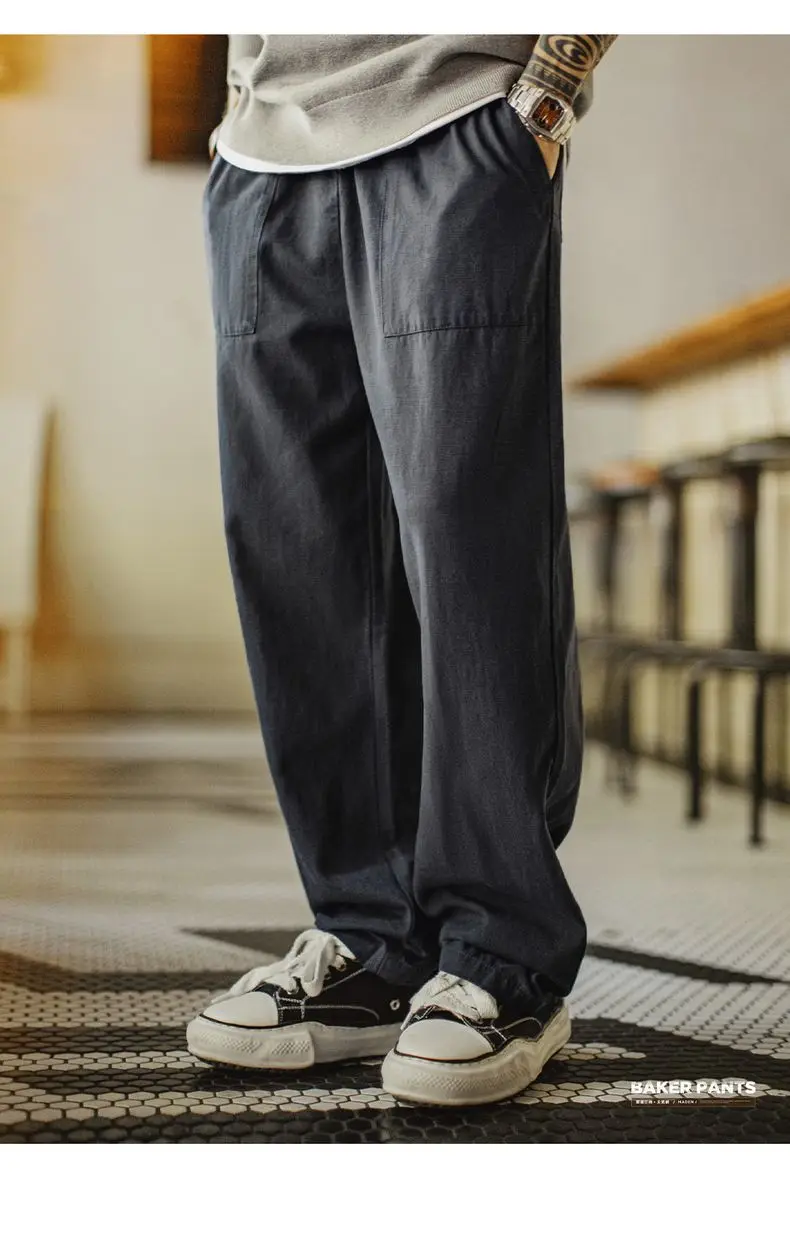 Maden Vintage Men‘s Casual Pants Straight-Leg Loose Fit Beck Pants Fringed Elastic Waist Chill Trousers for Autumn Commuting