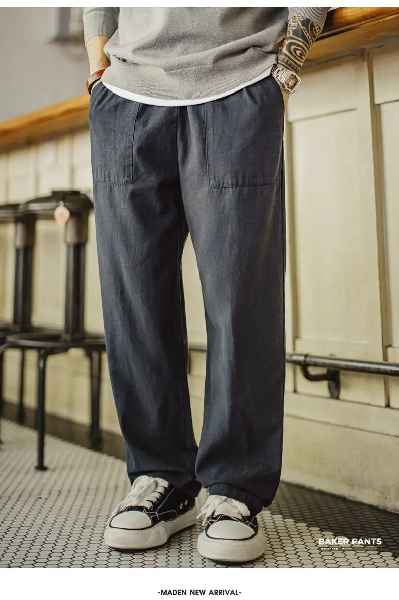 Maden Vintage Men‘s Casual Pants Straight-Leg Loose Fit Beck Pants Fringed Elastic Waist Chill Trousers for Autumn Commuting