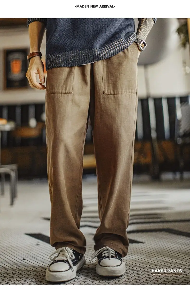 Maden Vintage Men‘s Casual Pants Straight-Leg Loose Fit Beck Pants Fringed Elastic Waist Chill Trousers for Autumn Commuting