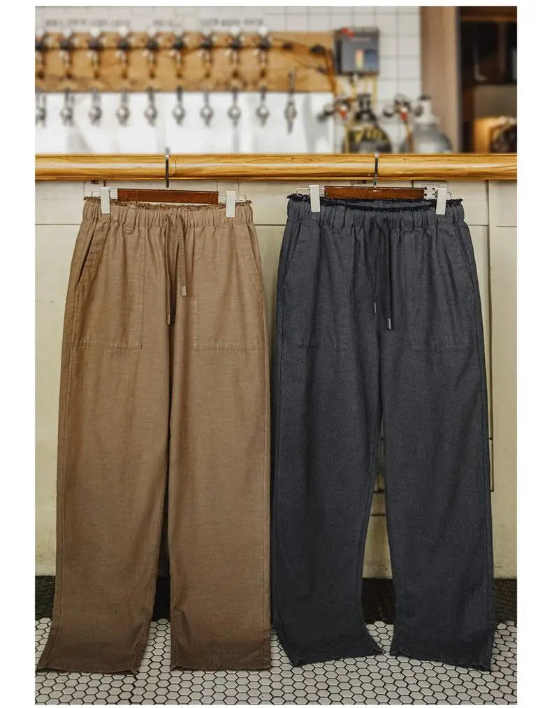 Maden Vintage Men‘s Casual Pants Straight-Leg Loose Fit Beck Pants Fringed Elastic Waist Chill Trousers for Autumn Commuting