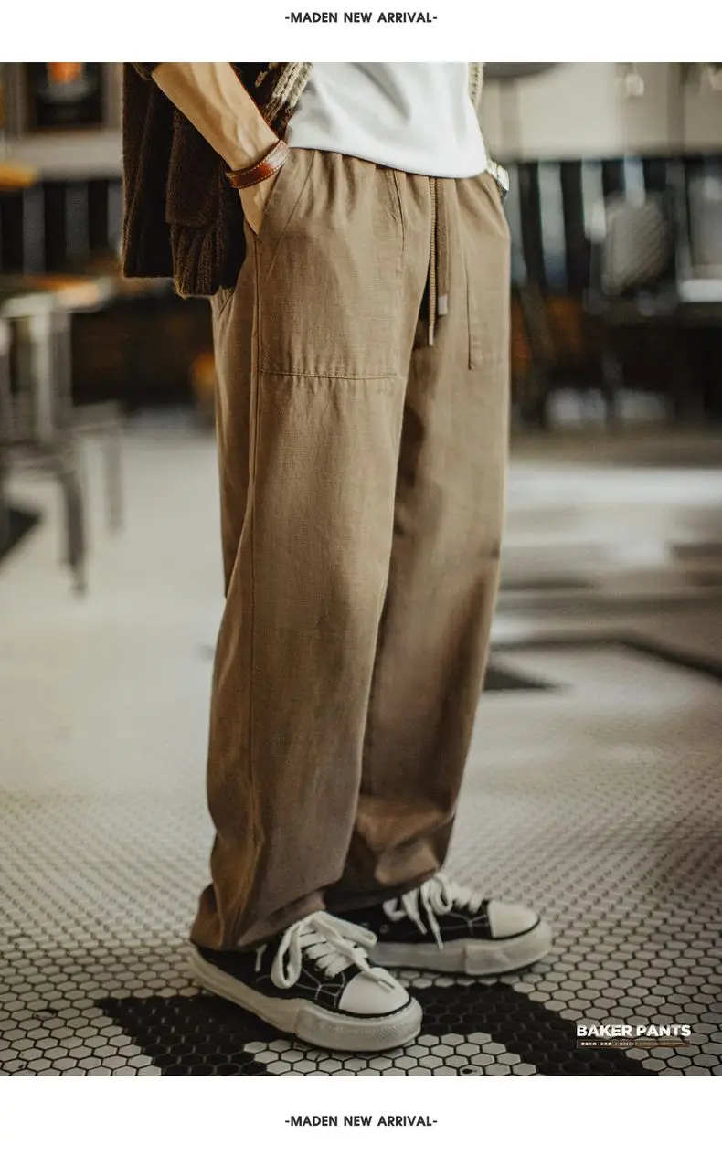 Maden Vintage Men‘s Casual Pants Straight-Leg Loose Fit Beck Pants Fringed Elastic Waist Chill Trousers for Autumn Commuting