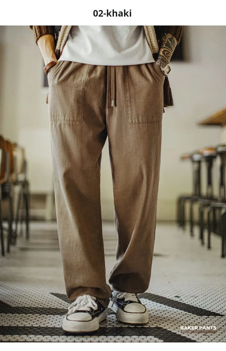 Maden Vintage Men‘s Casual Pants Straight-Leg Loose Fit Beck Pants Fringed Elastic Waist Chill Trousers for Autumn Commuting