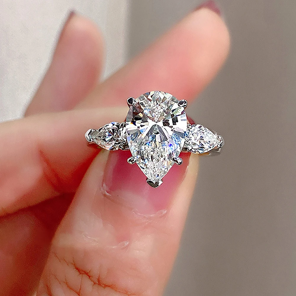 1/2/3/6Carat Pear Cut Moissanite Diamond Engagement Rings for Women 925 Sterling Silver 3-stone Waterdrop Shape Wedding Ring