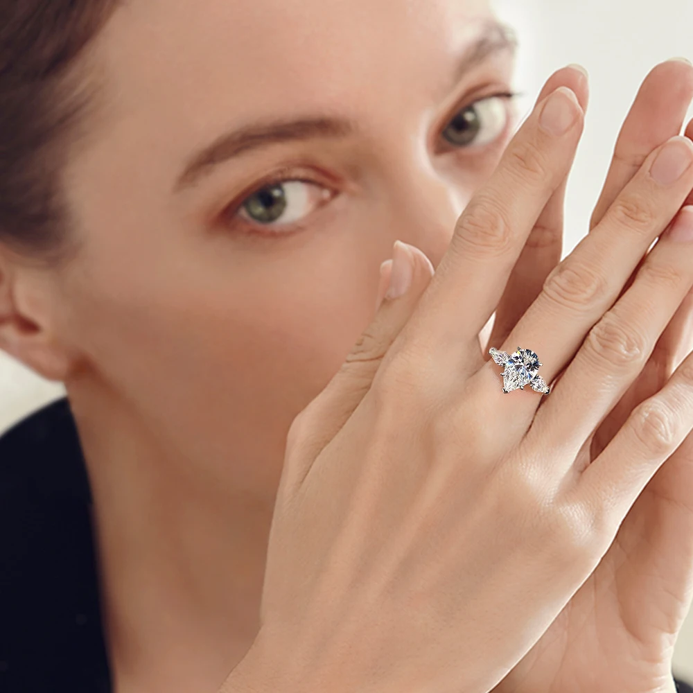 1/2/3/6Carat Pear Cut Moissanite Diamond Engagement Rings for Women 925 Sterling Silver 3-stone Waterdrop Shape Wedding Ring