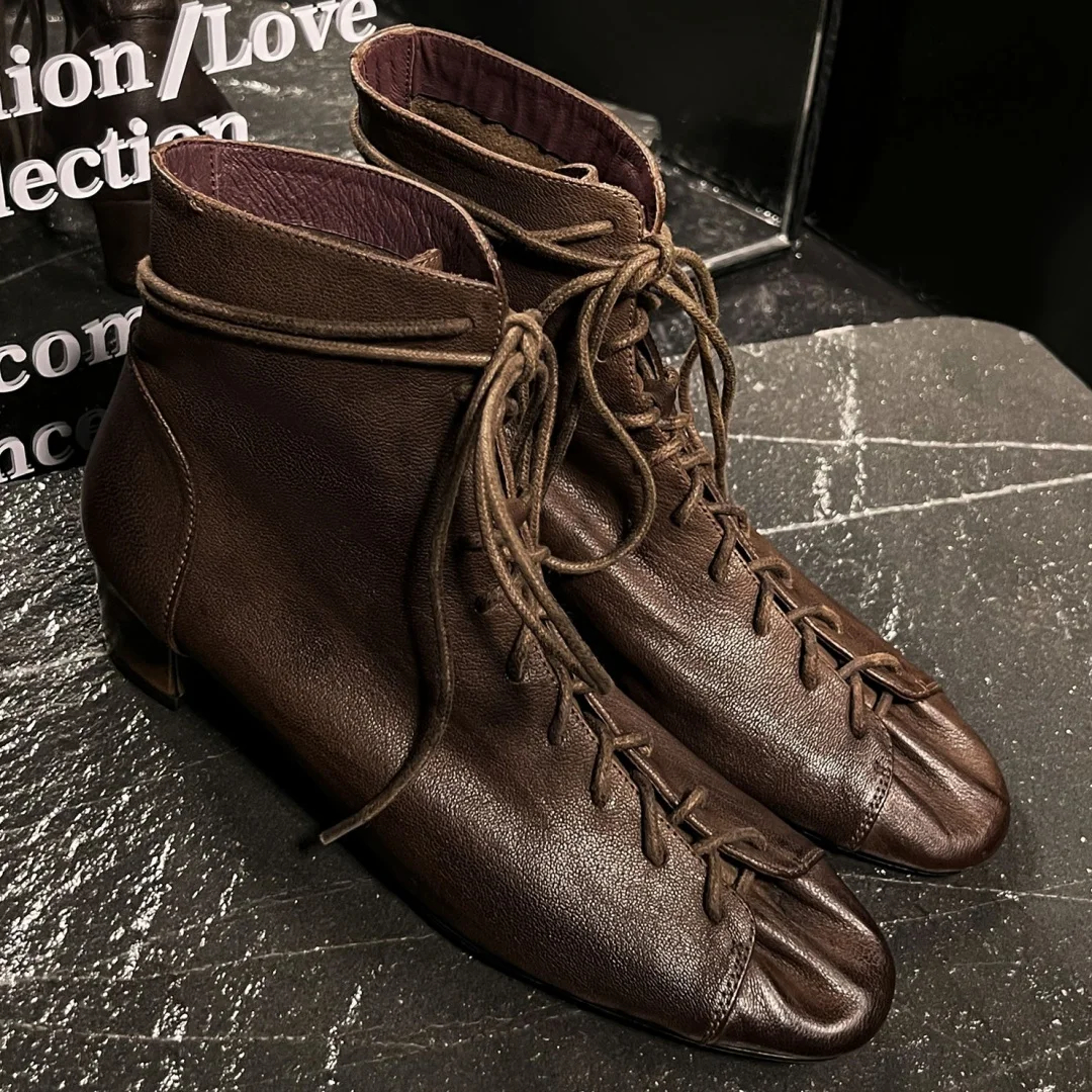Women's sheepskin lace-up autumn ankle boots 4cm thick med heel elegant ladies short booties high quality daily shoes for woman