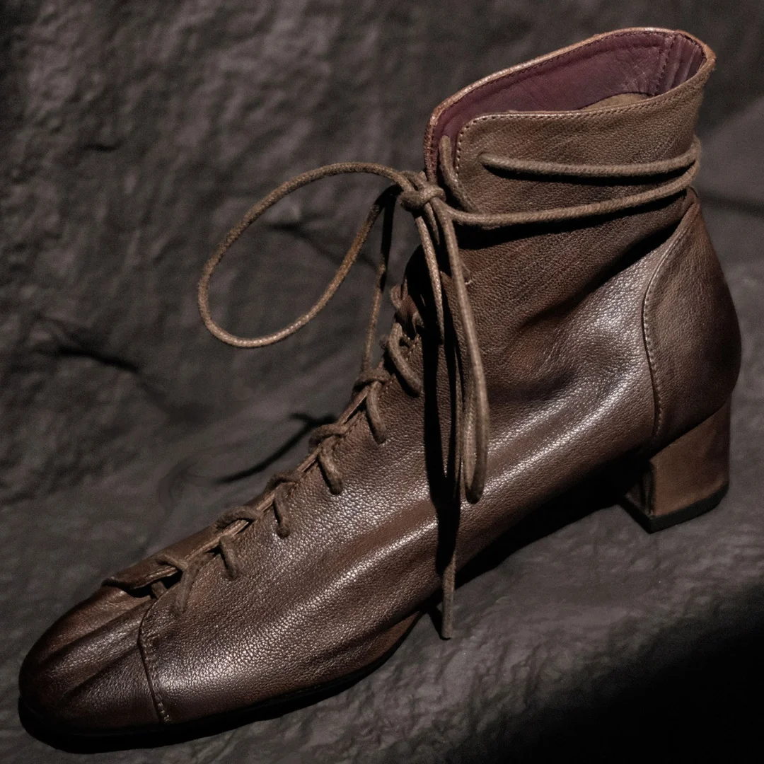 Women's sheepskin lace-up autumn ankle boots 4cm thick med heel elegant ladies short booties high quality daily shoes for woman