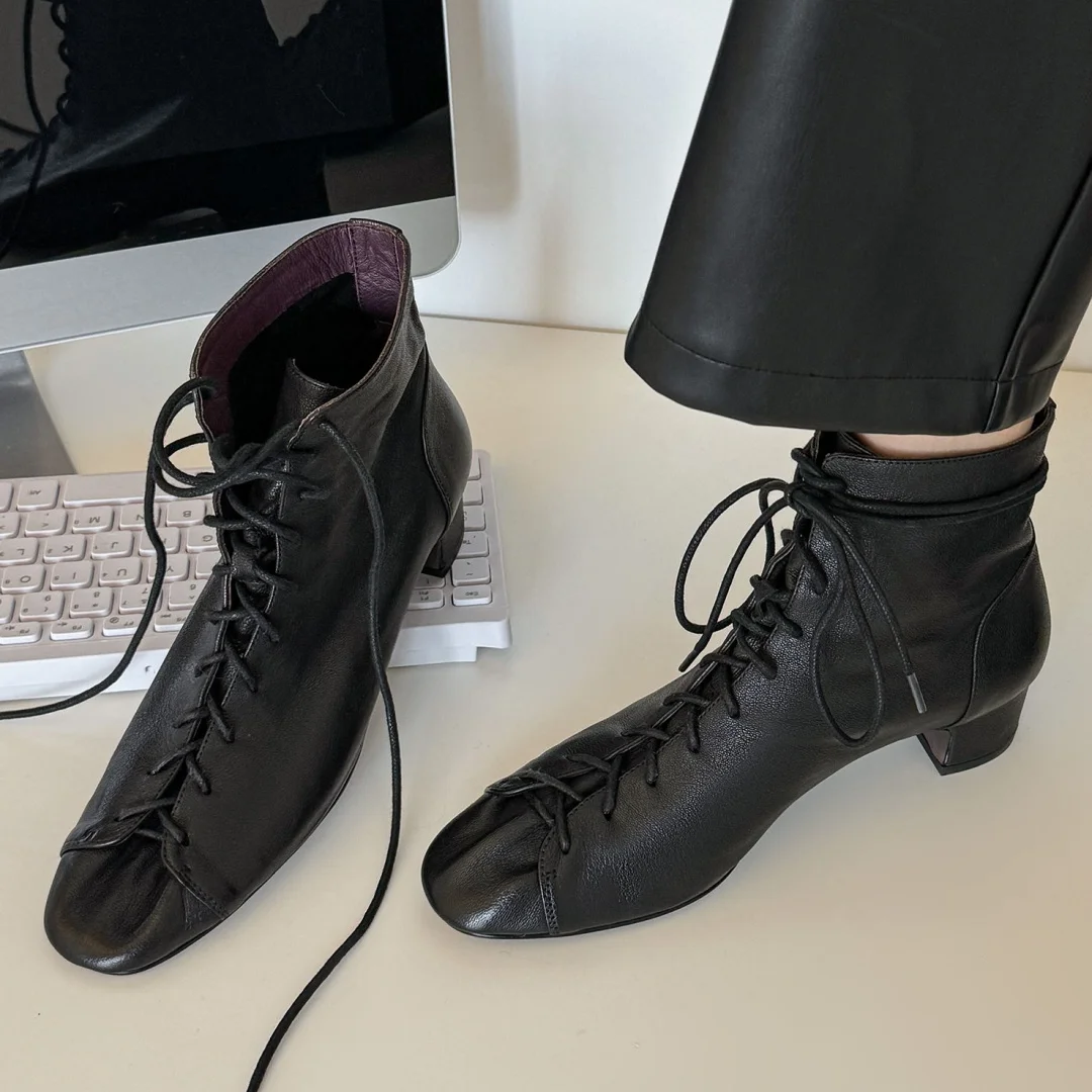 Women's sheepskin lace-up autumn ankle boots 4cm thick med heel elegant ladies short booties high quality daily shoes for woman