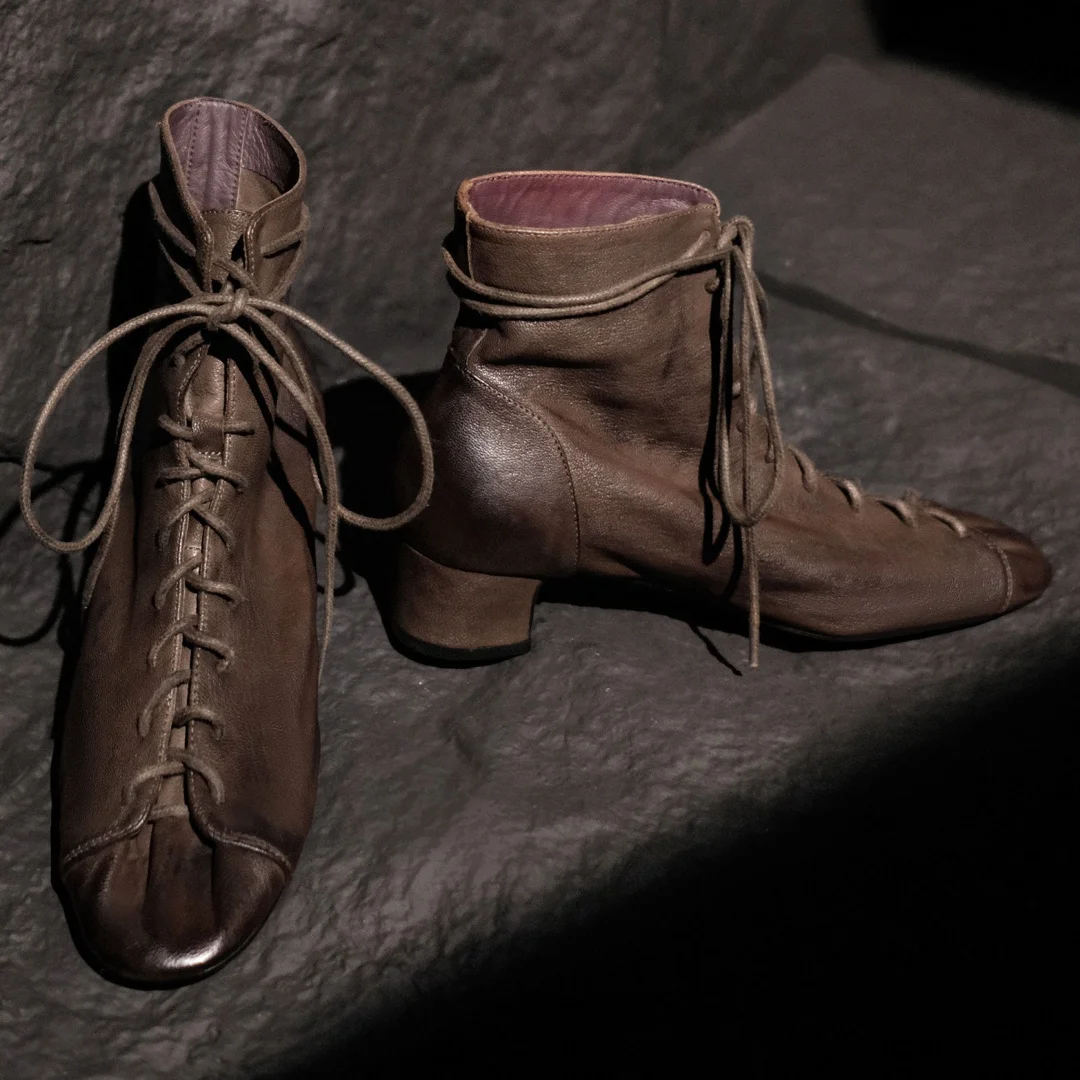 Women's sheepskin lace-up autumn ankle boots 4cm thick med heel elegant ladies short booties high quality daily shoes for woman