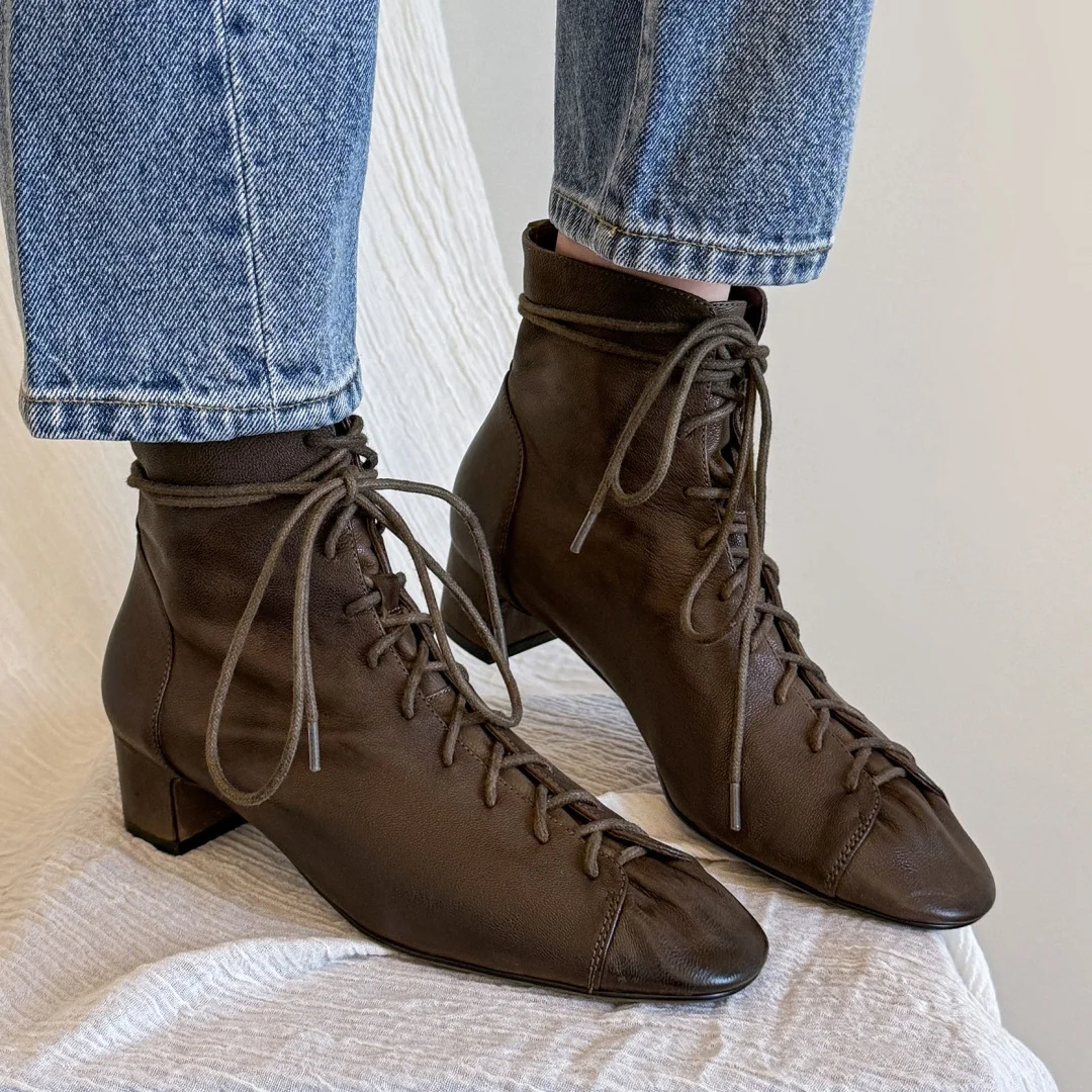 Women's sheepskin lace-up autumn ankle boots 4cm thick med heel elegant ladies short booties high quality daily shoes for woman