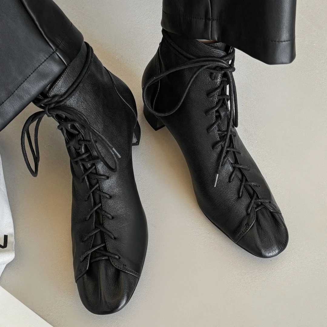 Women's sheepskin lace-up autumn ankle boots 4cm thick med heel elegant ladies short booties high quality daily shoes for woman