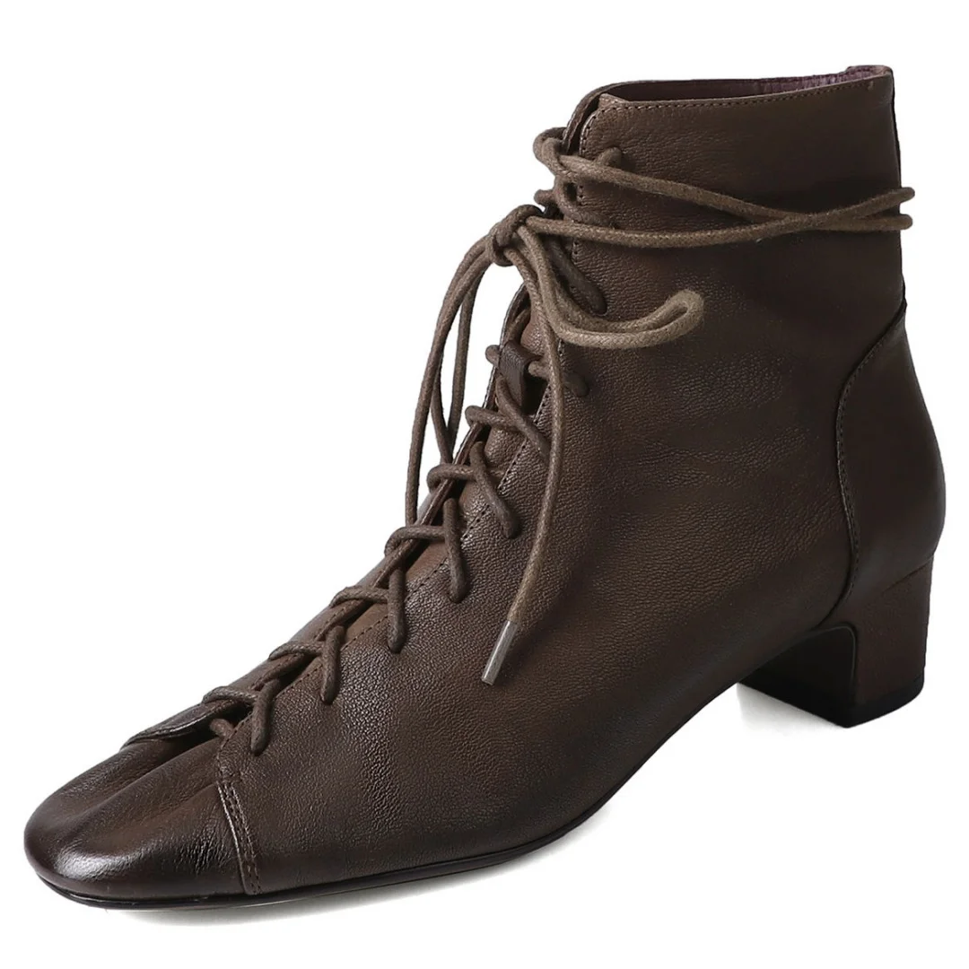 Women's sheepskin lace-up autumn ankle boots 4cm thick med heel elegant ladies short booties high quality daily shoes for woman