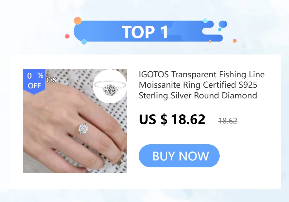 IGOTOS Transparent Fishing Line Moissanite Ring Certified S925 Sterling Silver Round Diamond Ring Wedding Band Jewelry for Women
