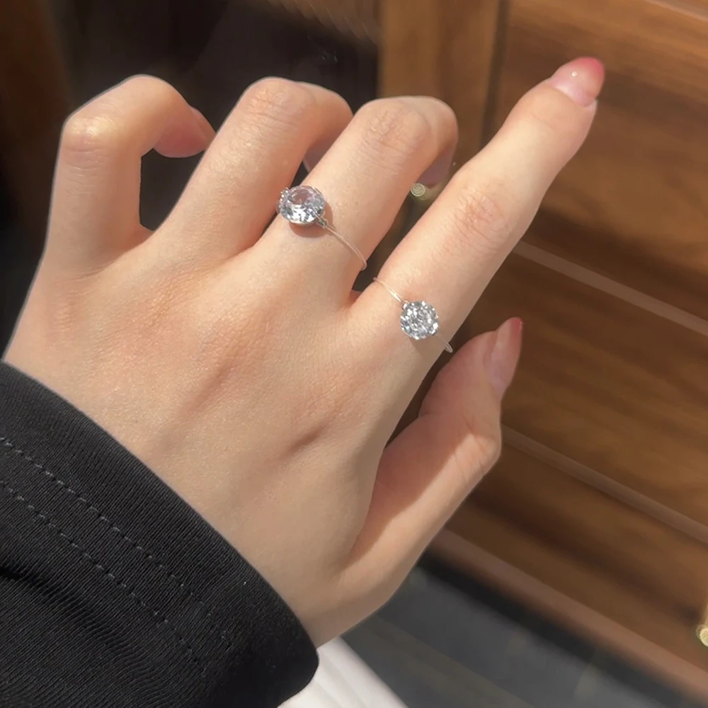 IGOTOS Transparent Fishing Line Moissanite Ring Certified S925 Sterling Silver Round Diamond Ring Wedding Band Jewelry for Women
