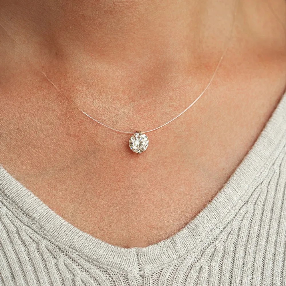 IGOTOS 0.5-5CT Moissanite Pendant Necklace Women  Certified 925 Sterling Silver Transparent Fishing Line Choker Chain Jewelry