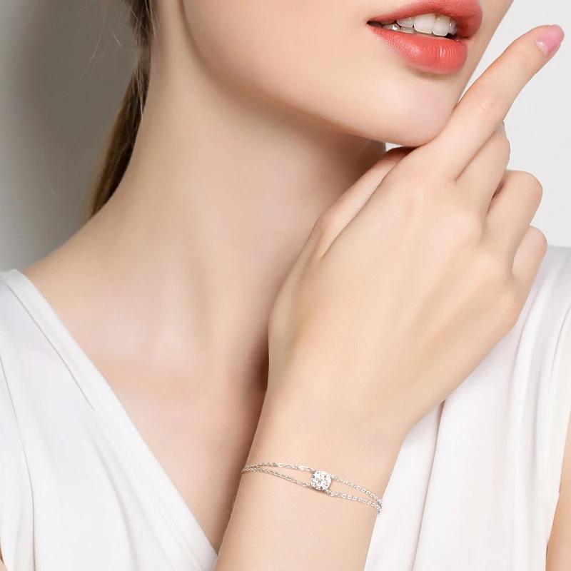 Lnngy 6.5mm 1ct Moissanite Bracelet 925 Sterling Silver Certified Double Chain Bracelets For Women Charm Wedding Jewelry Gift