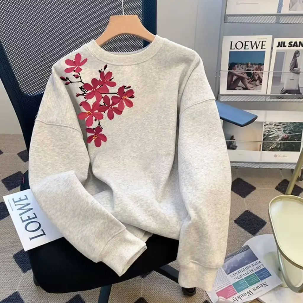 Autumn and Winter Round Neck Sweatshirt Cherry Blossom Print Loose Casual Long Sleeve Pullover