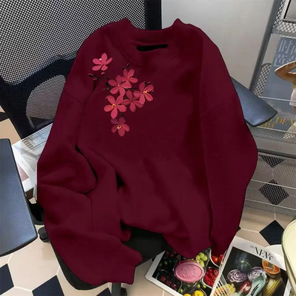 Autumn and Winter Round Neck Sweatshirt Cherry Blossom Print Loose Casual Long Sleeve Pullover