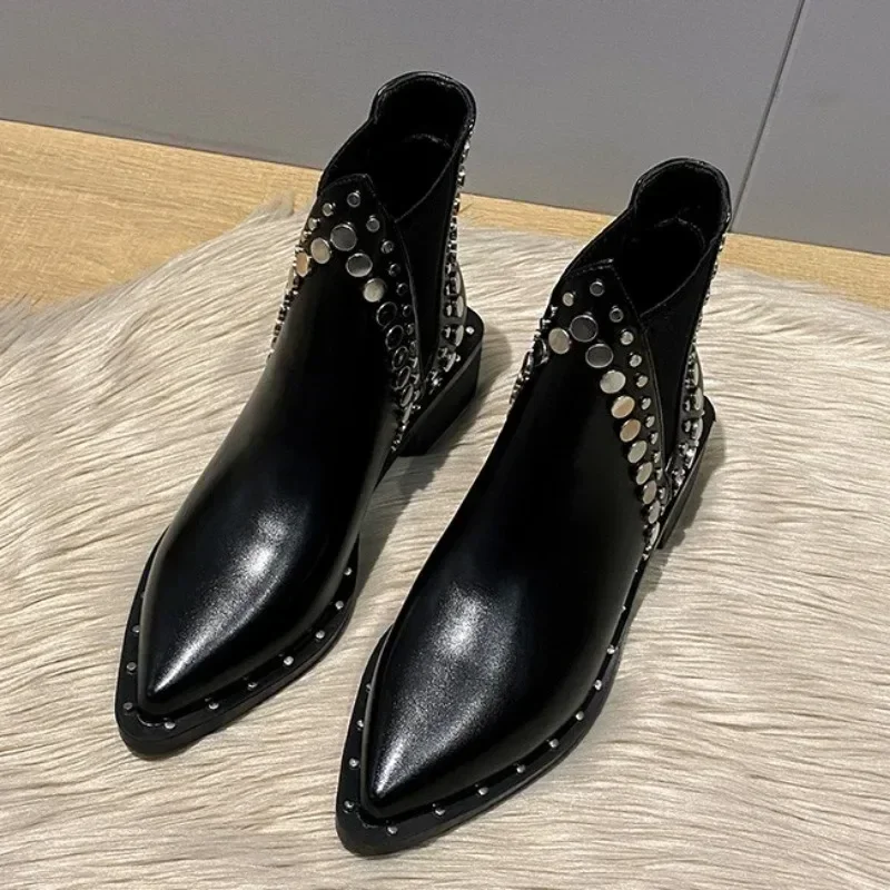 2025New Womens Ankle Boots Sexy Pointed Toe Punk Style Rivet-decorated Women's Knight Boots Winter Warm and Fashion Short Boots