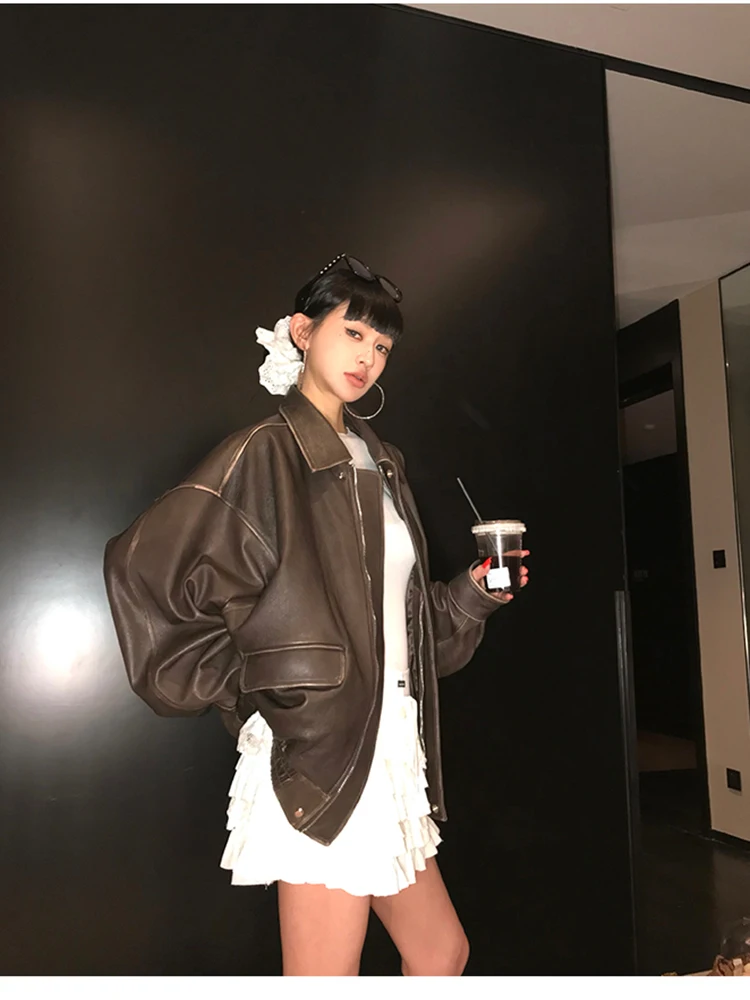 Lautaro Spring Autumn Cool Handsome Retro Oversized Distressed Brown Soft Faux Leather Jackets for Women Zipper Runway Fashion