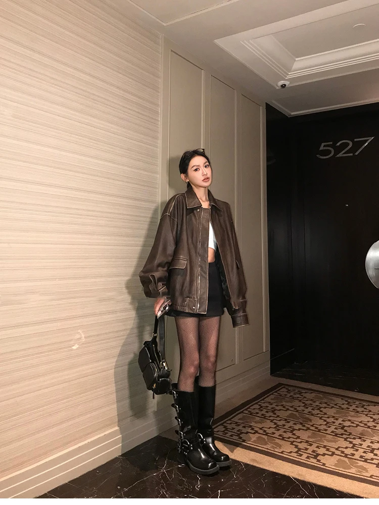Lautaro Spring Autumn Cool Handsome Retro Oversized Distressed Brown Soft Faux Leather Jackets for Women Zipper Runway Fashion