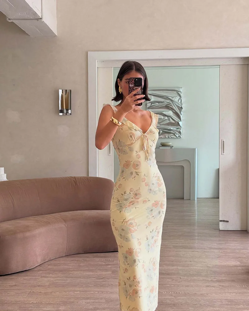 Summer Flower Printed Women's Sexy Low-cut Dress Sleeveless Backless Slim Sling Dresses 2026 Beach Vacation Lady Vestidos