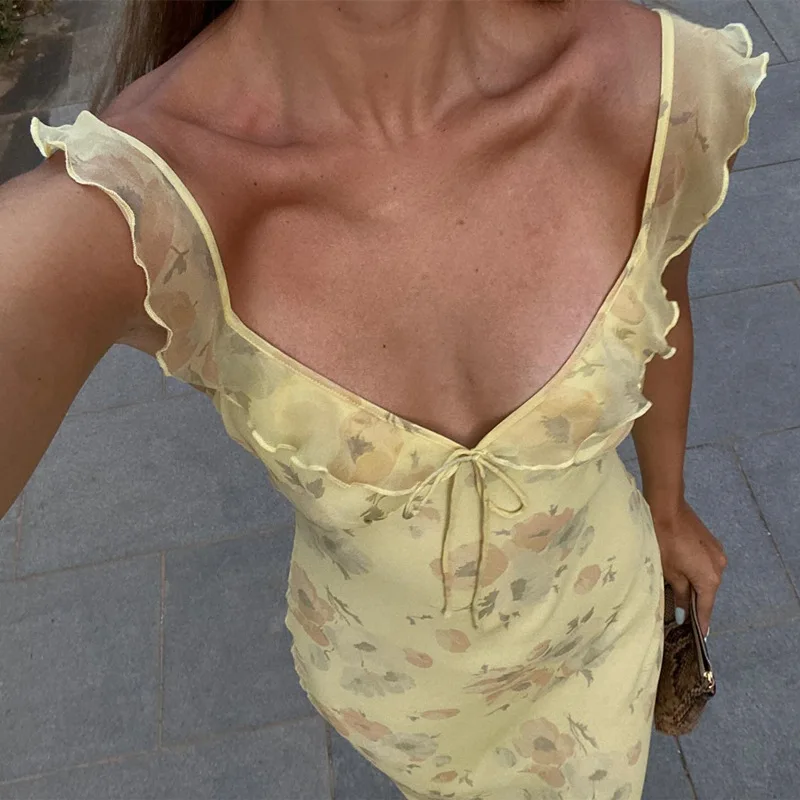 Summer Flower Printed Women's Sexy Low-cut Dress Sleeveless Backless Slim Sling Dresses 2026 Beach Vacation Lady Vestidos