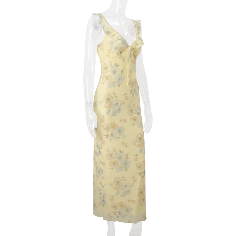 Summer Flower Printed Women's Sexy Low-cut Dress Sleeveless Backless Slim Sling Dresses 2026 Beach Vacation Lady Vestidos