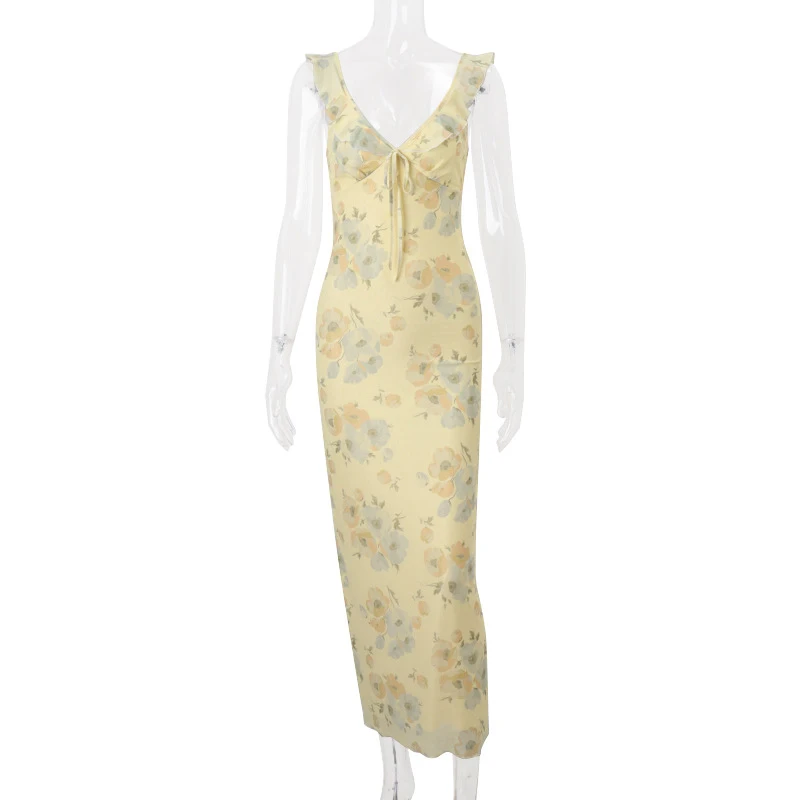 Summer Flower Printed Women's Sexy Low-cut Dress Sleeveless Backless Slim Sling Dresses 2026 Beach Vacation Lady Vestidos