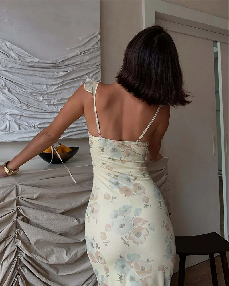 Summer Flower Printed Women's Sexy Low-cut Dress Sleeveless Backless Slim Sling Dresses 2026 Beach Vacation Lady Vestidos