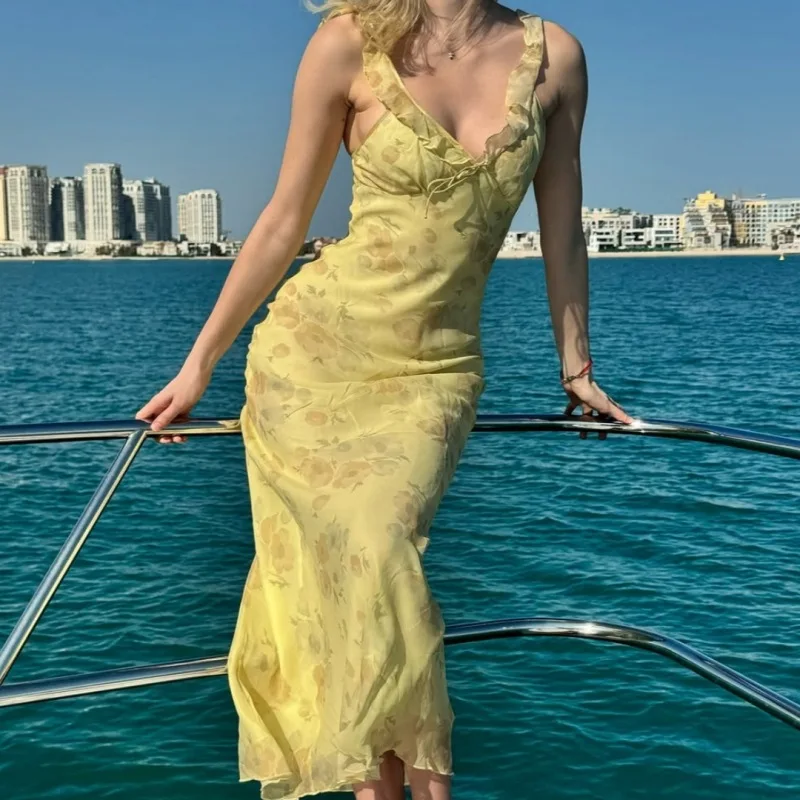 Summer Flower Printed Women's Sexy Low-cut Dress Sleeveless Backless Slim Sling Dresses 2026 Beach Vacation Lady Vestidos