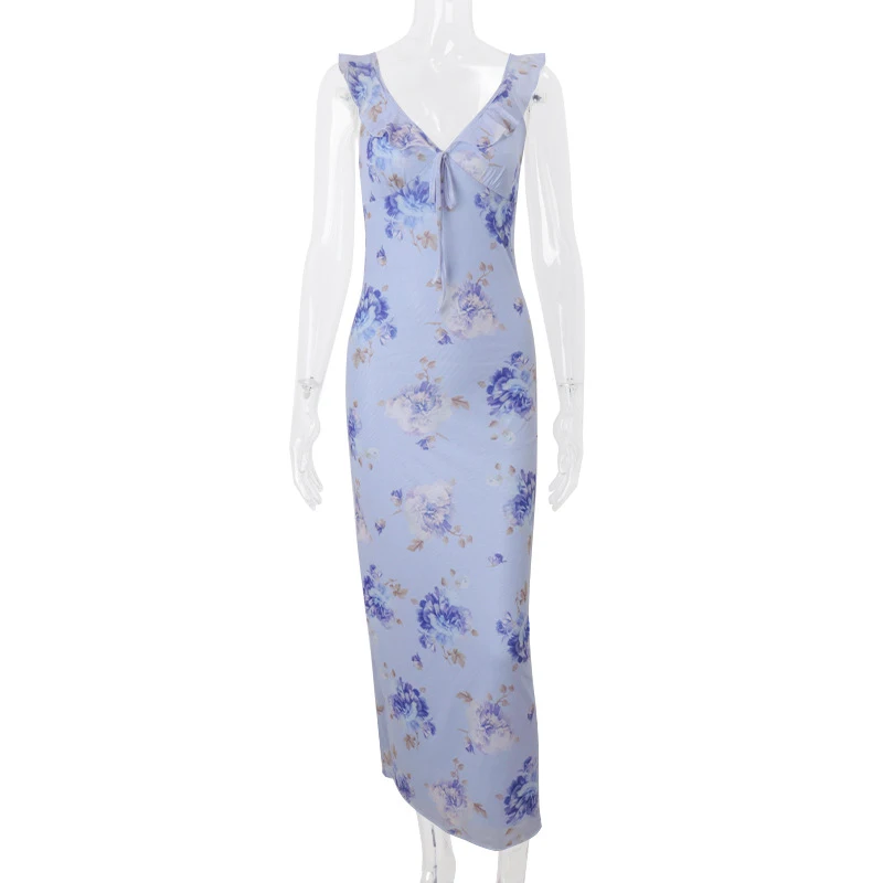 Summer Flower Printed Women's Sexy Low-cut Dress Sleeveless Backless Slim Sling Dresses 2026 Beach Vacation Lady Vestidos