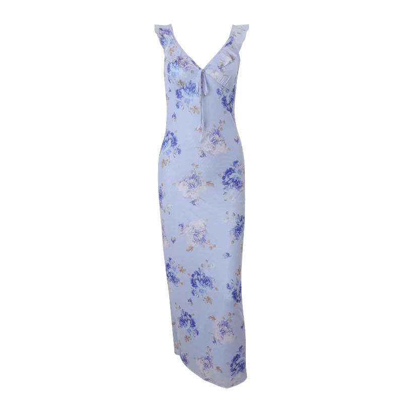 Summer Flower Printed Women's Sexy Low-cut Dress Sleeveless Backless Slim Sling Dresses 2026 Beach Vacation Lady Vestidos