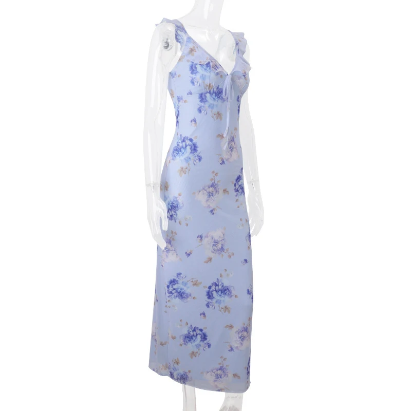 Summer Flower Printed Women's Sexy Low-cut Dress Sleeveless Backless Slim Sling Dresses 2026 Beach Vacation Lady Vestidos