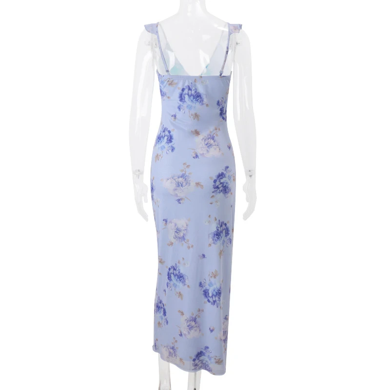 Summer Flower Printed Women's Sexy Low-cut Dress Sleeveless Backless Slim Sling Dresses 2026 Beach Vacation Lady Vestidos