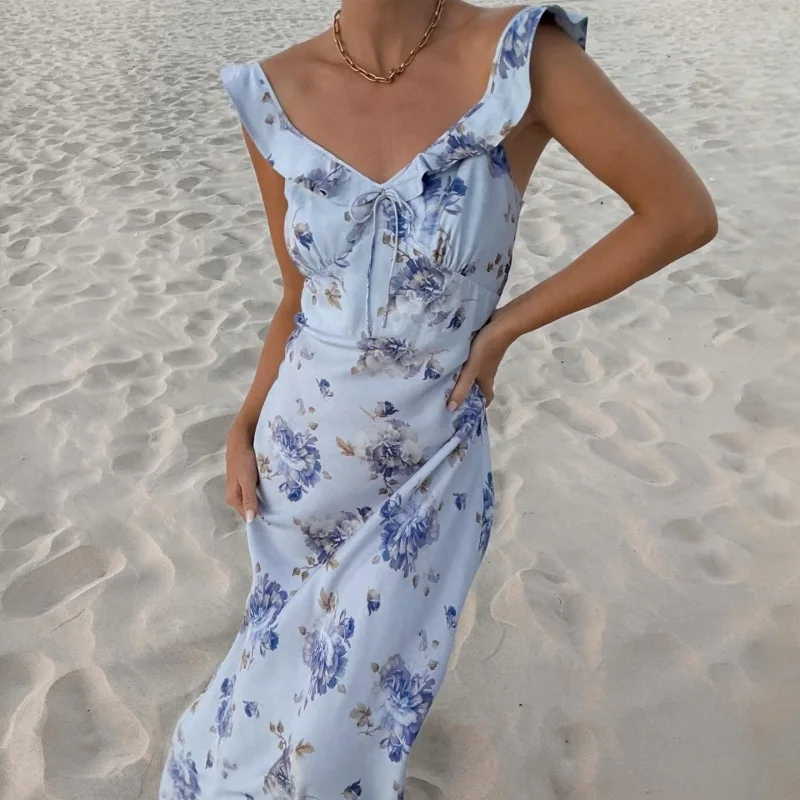 Summer Flower Printed Women's Sexy Low-cut Dress Sleeveless Backless Slim Sling Dresses 2026 Beach Vacation Lady Vestidos