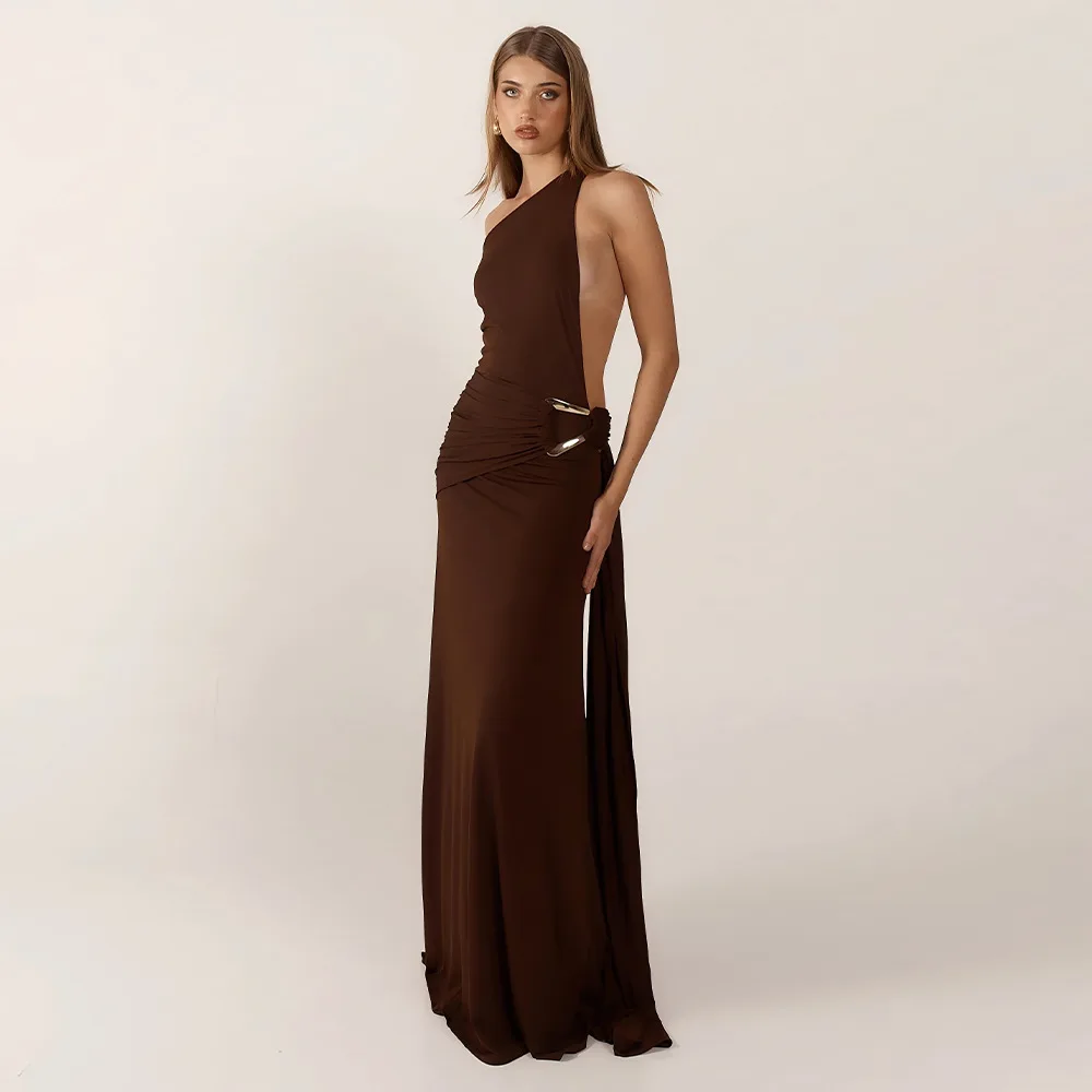Brown One Shoulder Backless Long Dress Sexy Women's Draped Casual Maxi Dresses Summer Evening Party Wedding Guest Cocktail Black