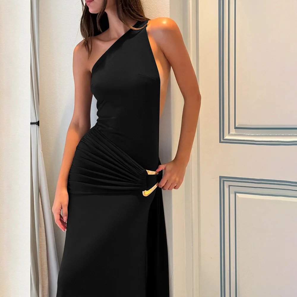 Brown One Shoulder Backless Long Dress Sexy Women's Draped Casual Maxi Dresses Summer Evening Party Wedding Guest Cocktail Black