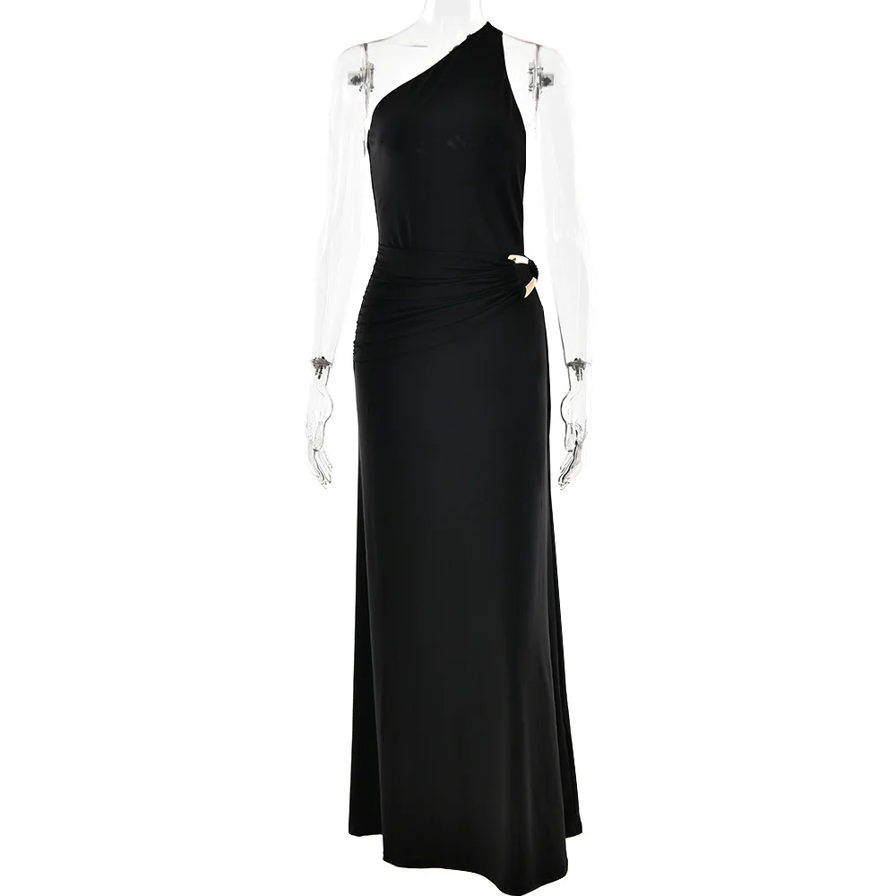 Brown One Shoulder Backless Long Dress Sexy Women's Draped Casual Maxi Dresses Summer Evening Party Wedding Guest Cocktail Black