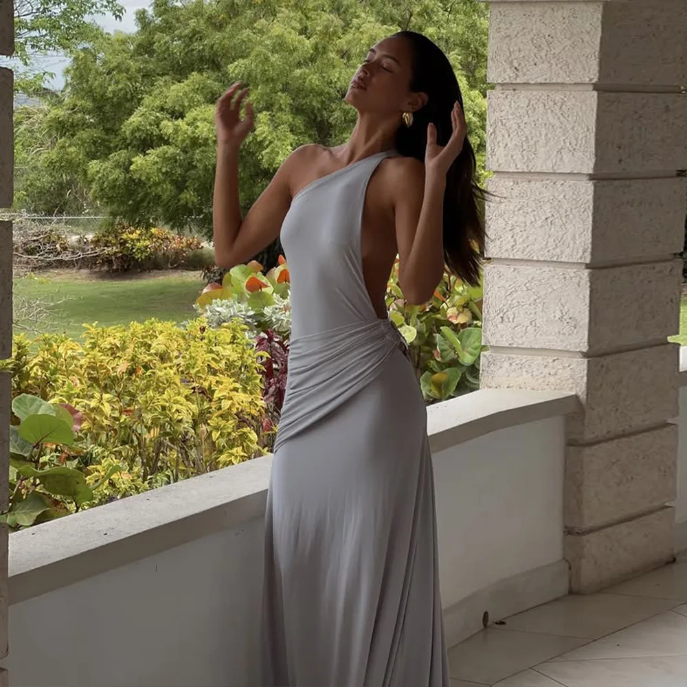 Brown One Shoulder Backless Long Dress Sexy Women's Draped Casual Maxi Dresses Summer Evening Party Wedding Guest Cocktail Black