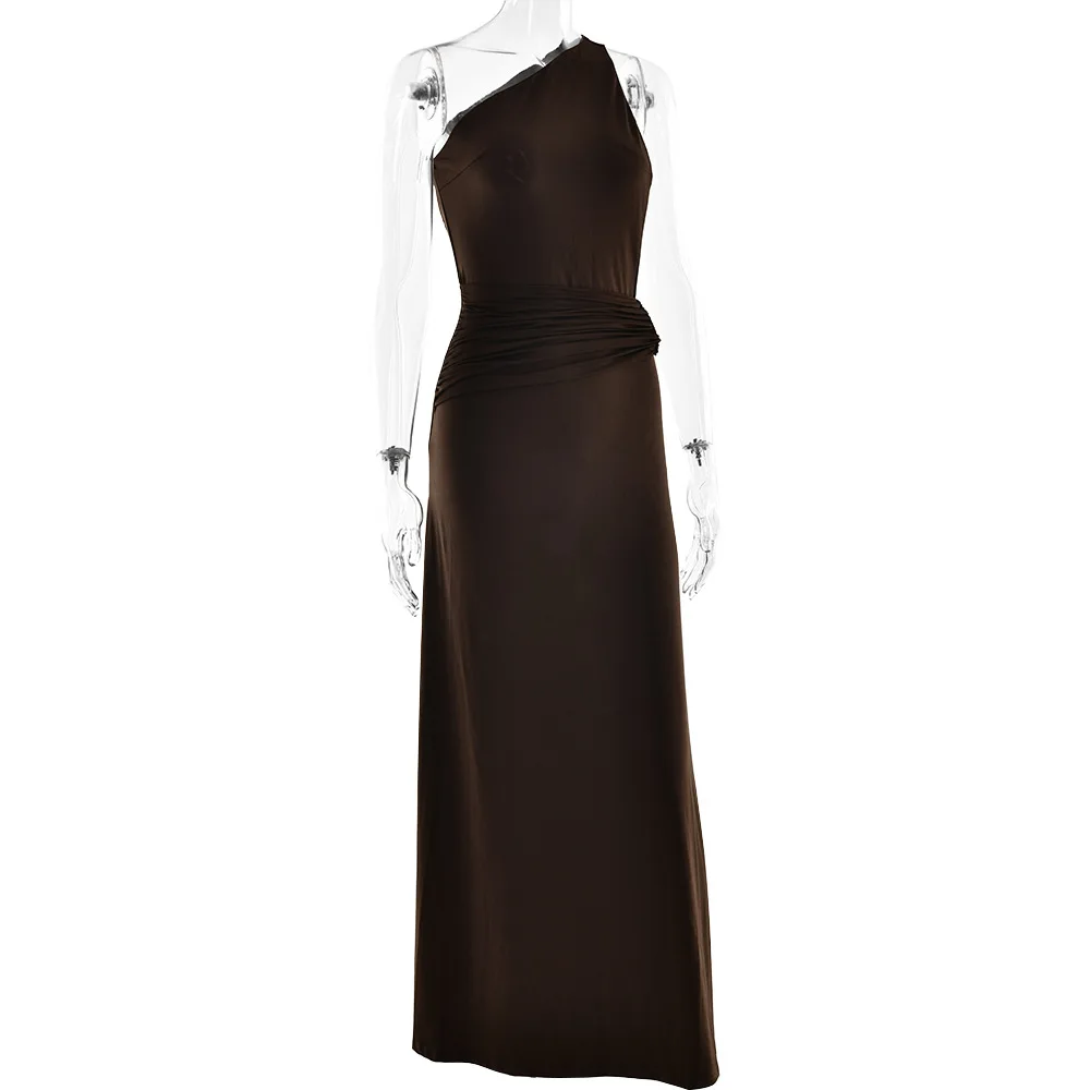 Brown One Shoulder Backless Long Dress Sexy Women's Draped Casual Maxi Dresses Summer Evening Party Wedding Guest Cocktail Black