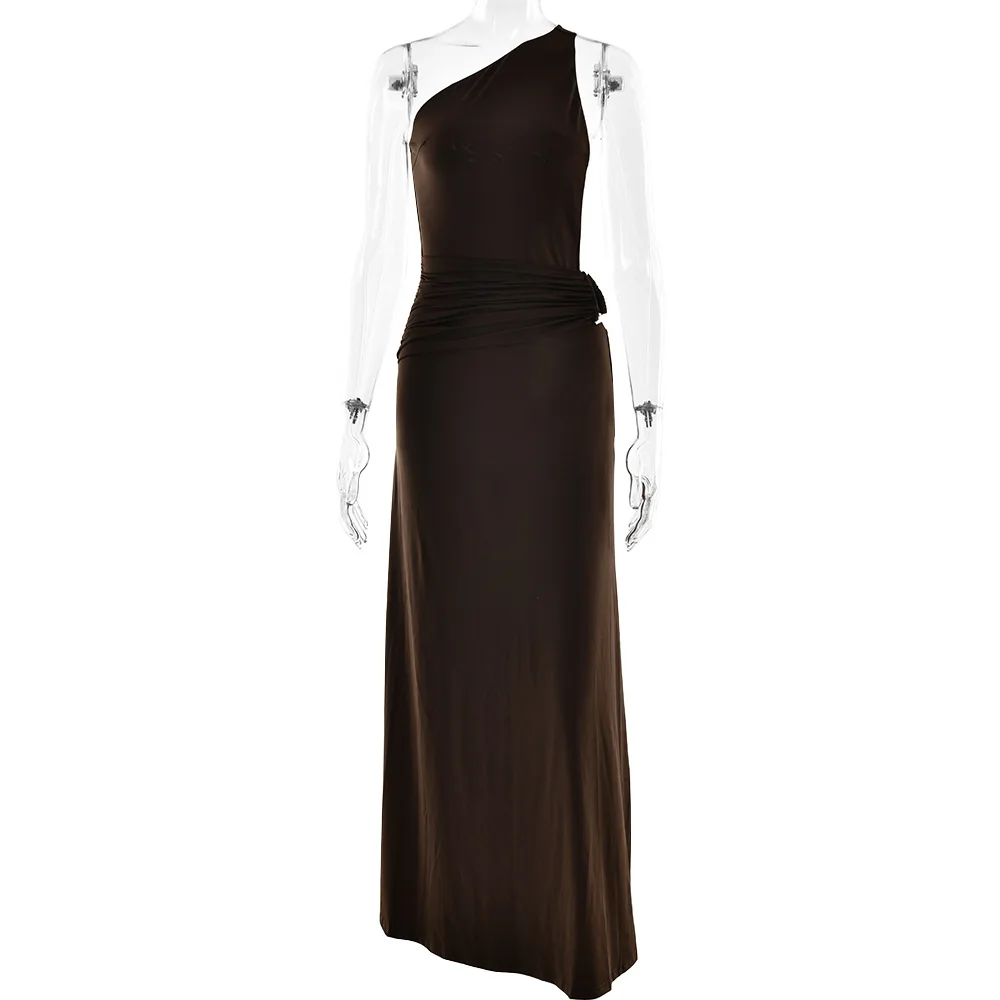 Brown One Shoulder Backless Long Dress Sexy Women's Draped Casual Maxi Dresses Summer Evening Party Wedding Guest Cocktail Black